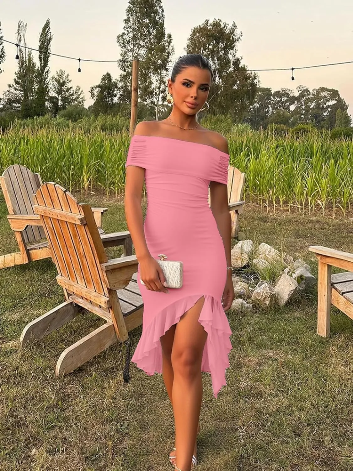 BORIFLORS Women's Sexy Off The Shoulder Bodycon Midi Dresses Elegant Ruched Ruffle Hem Cocktail Party Dress