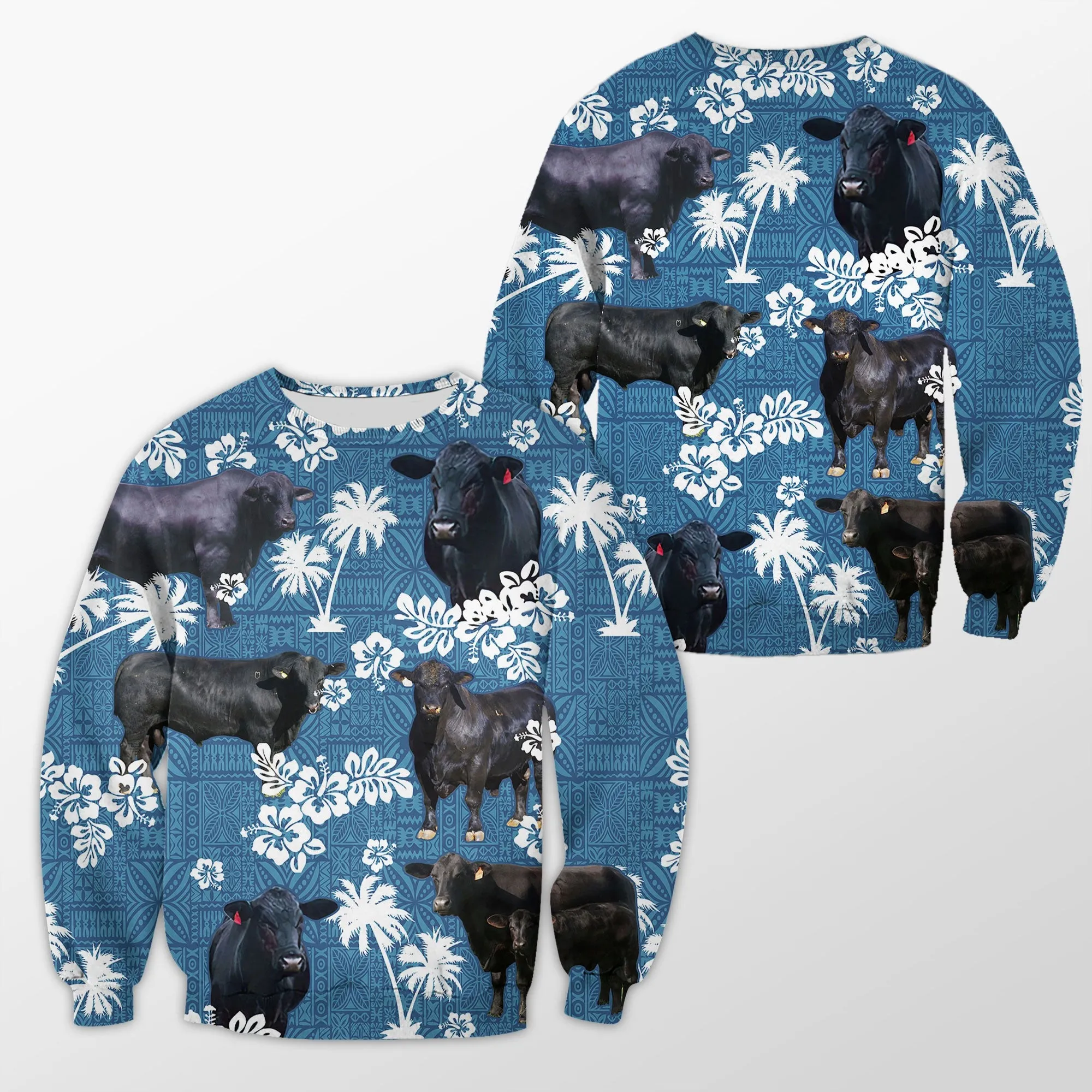 Brangus Tropical Flower Blue Tribal 3D Crewneck Christmas Sweatshirt