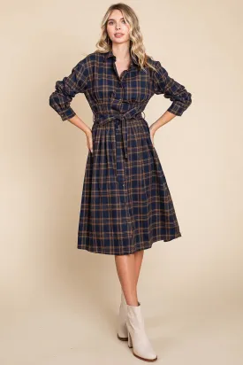 Camel Long Sleeve Plaid Belted Flannel Shirt Dress