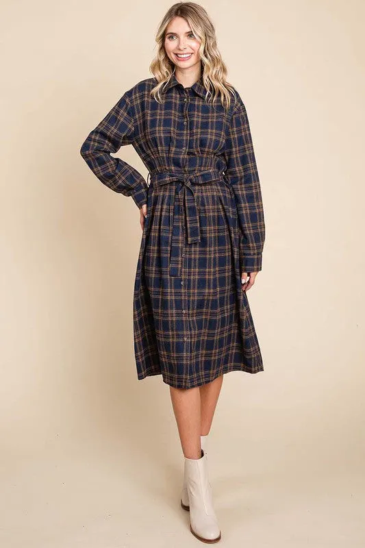 Camel Long Sleeve Plaid Belted Flannel Shirt Dress