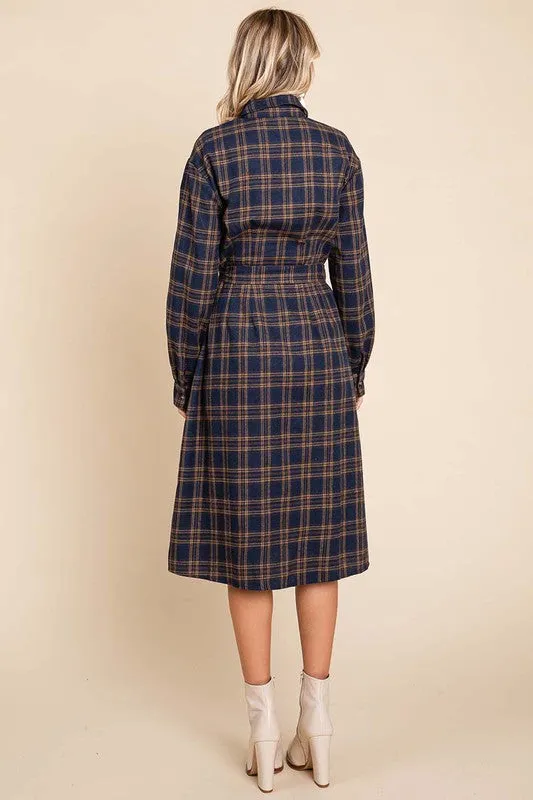 Camel Long Sleeve Plaid Belted Flannel Shirt Dress