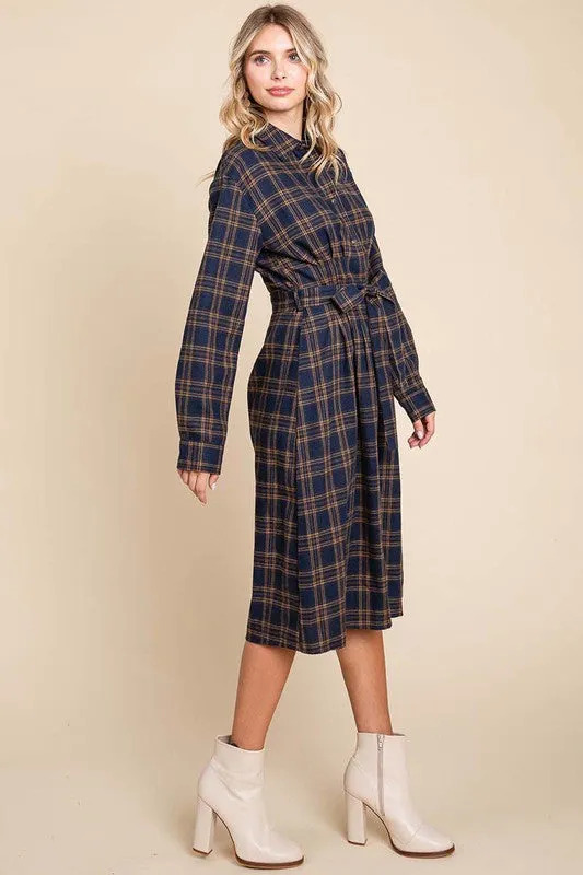 Camel Long Sleeve Plaid Belted Flannel Shirt Dress