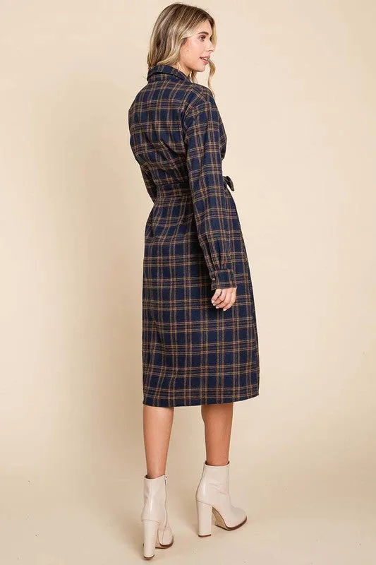 Camel Long Sleeve Plaid Belted Flannel Shirt Dress
