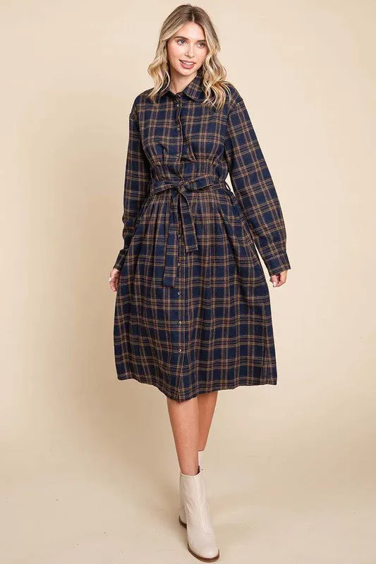 Camel Long Sleeve Plaid Belted Flannel Shirt Dress