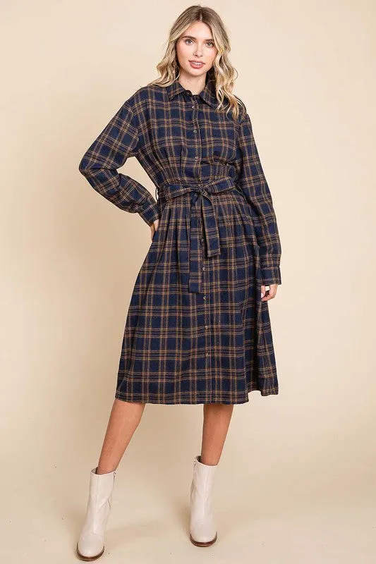 Camel Long Sleeve Plaid Belted Flannel Shirt Dress