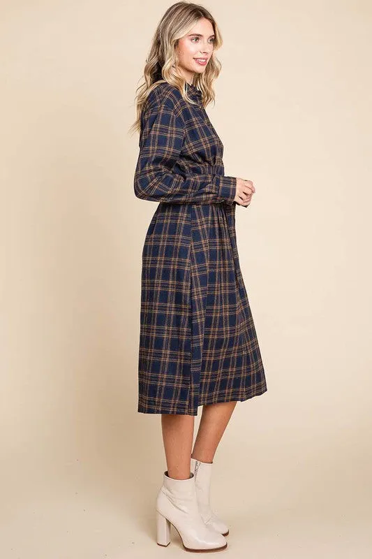 Camel Long Sleeve Plaid Belted Flannel Shirt Dress