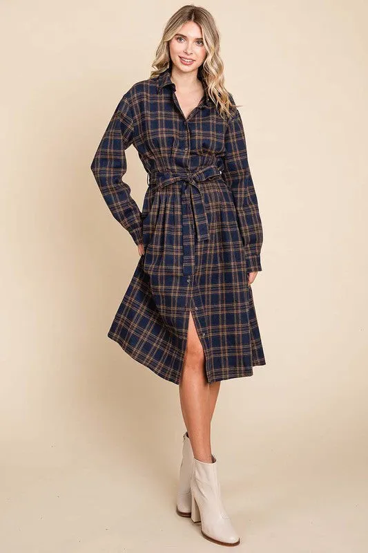 Camel Long Sleeve Plaid Belted Flannel Shirt Dress