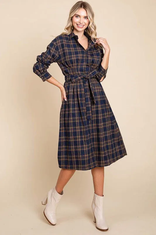 Camel Long Sleeve Plaid Belted Flannel Shirt Dress