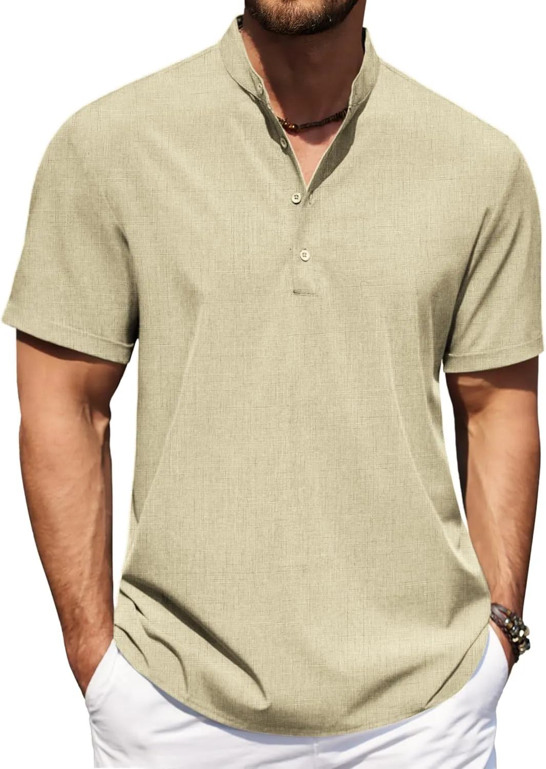 COOFANDY Men's Casual Henley Shirt Short Sleeve Band Collar Shirt Summer Beach Hippie Vacation T Shirt with Button