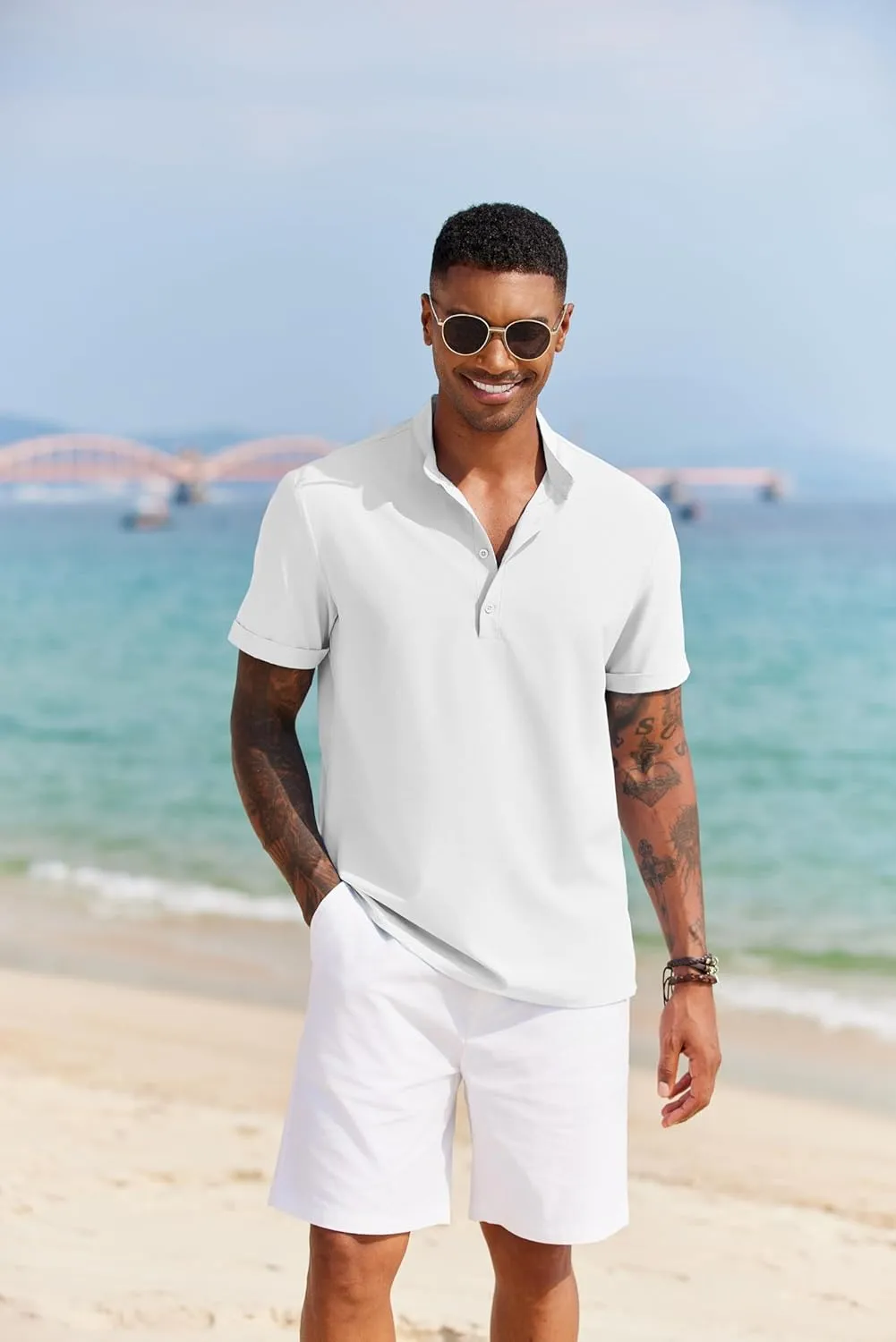 COOFANDY Men's Casual Henley Shirt Short Sleeve Band Collar Shirt Summer Beach Hippie Vacation T Shirt with Button