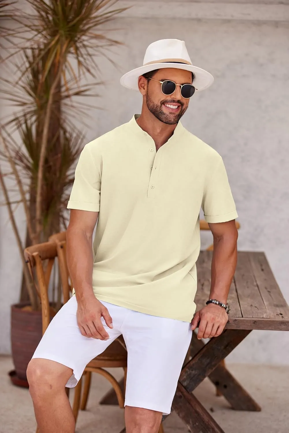 COOFANDY Men's Casual Henley Shirt Short Sleeve Band Collar Shirt Summer Beach Hippie Vacation T Shirt with Button