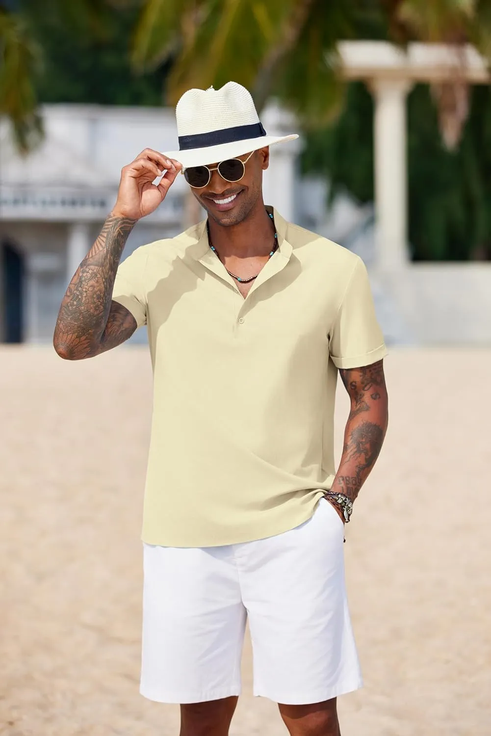 COOFANDY Men's Casual Henley Shirt Short Sleeve Band Collar Shirt Summer Beach Hippie Vacation T Shirt with Button
