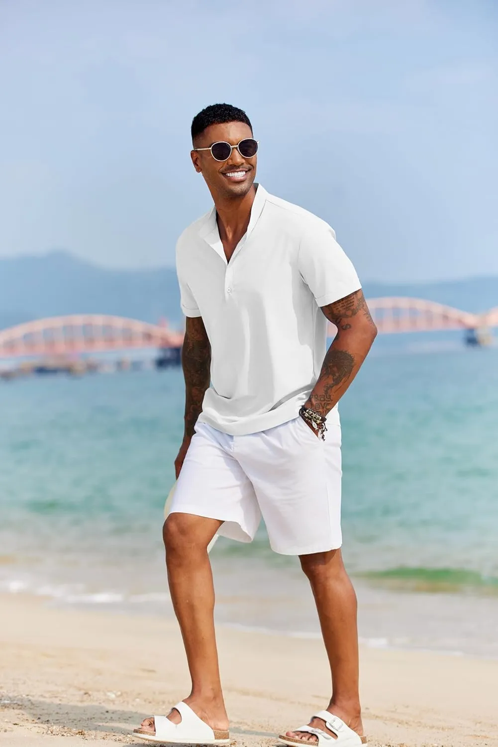 COOFANDY Men's Casual Henley Shirt Short Sleeve Band Collar Shirt Summer Beach Hippie Vacation T Shirt with Button