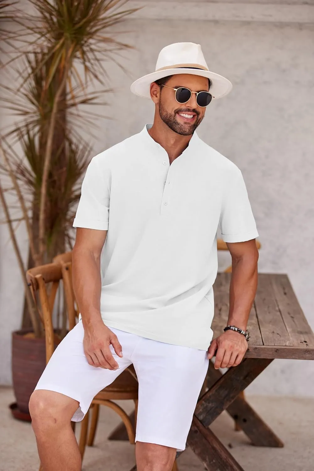 COOFANDY Men's Casual Henley Shirt Short Sleeve Band Collar Shirt Summer Beach Hippie Vacation T Shirt with Button