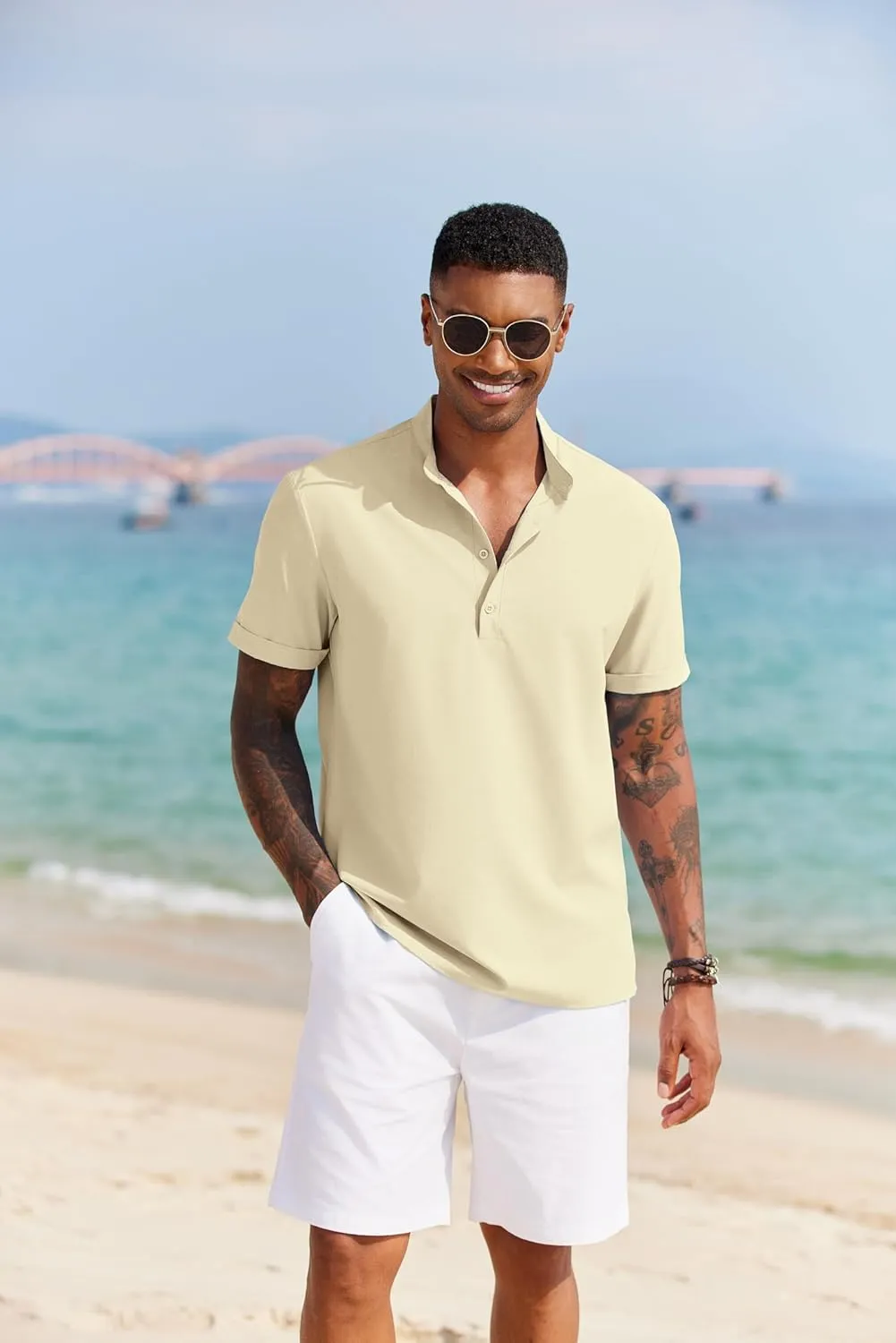 COOFANDY Men's Casual Henley Shirt Short Sleeve Band Collar Shirt Summer Beach Hippie Vacation T Shirt with Button