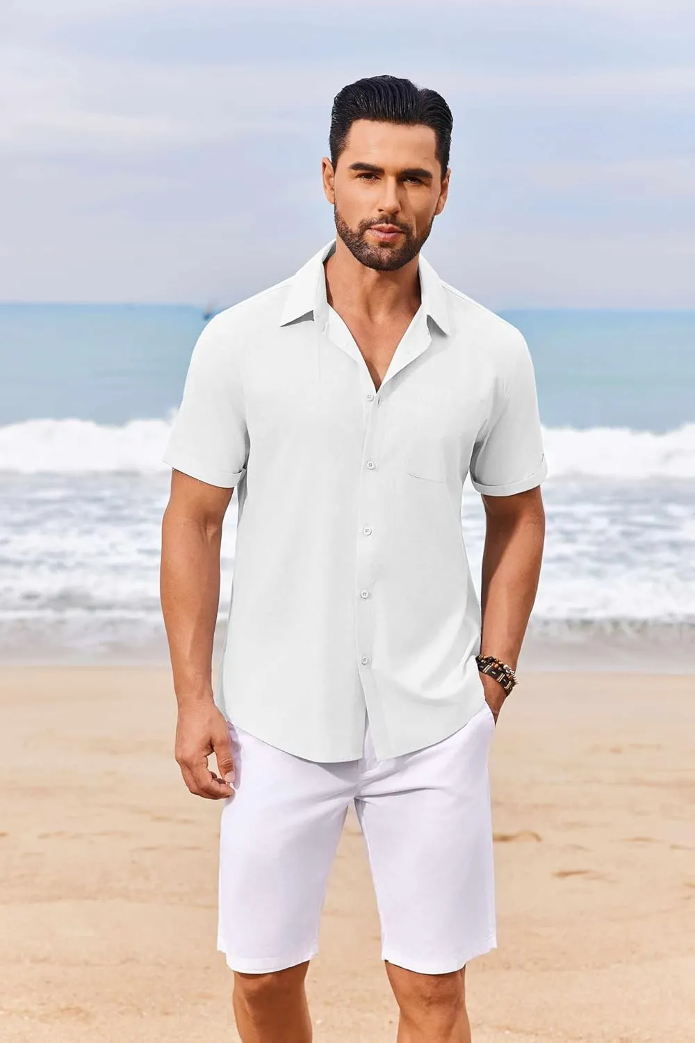 COOFANDY Mens Casual Linen Shirt Short Sleeve Button Down Shirt Summer Beach Shirts with Pocket