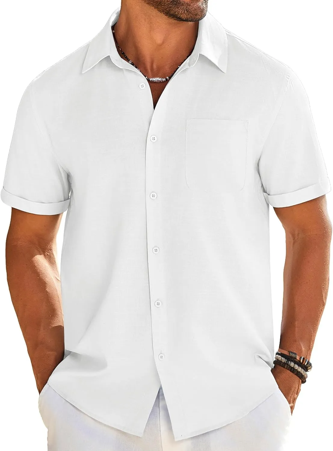 COOFANDY Mens Casual Linen Shirt Short Sleeve Button Down Shirt Summer Beach Shirts with Pocket