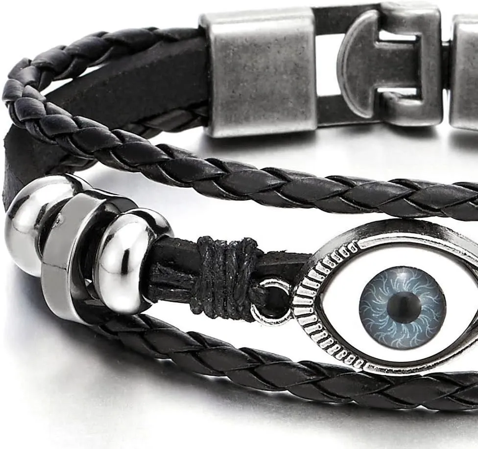 COOLSTEELANDBEYOND Mens Womens Three-Row Leather Evil Eye Beads Charms Bracelet Wristband Wrap Bracelet