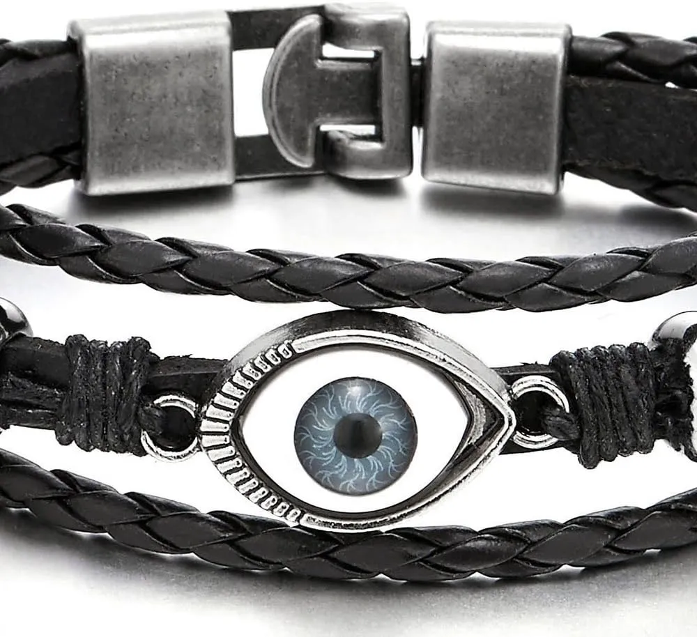 COOLSTEELANDBEYOND Mens Womens Three-Row Leather Evil Eye Beads Charms Bracelet Wristband Wrap Bracelet