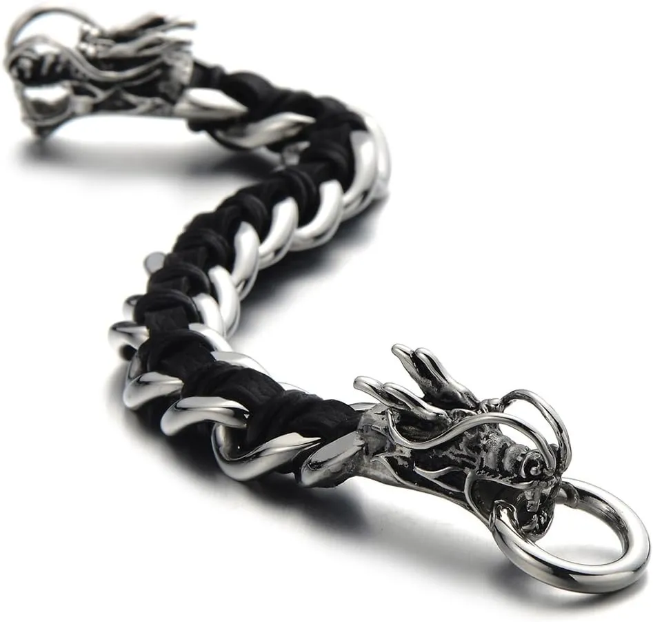 COOLSTEELANDBEYOND Stainless Steel Mens Dragon Curb Chain Bracelet Interwoven with Genuine Leather Strap