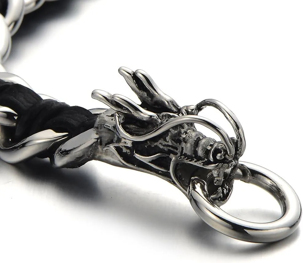 COOLSTEELANDBEYOND Stainless Steel Mens Dragon Curb Chain Bracelet Interwoven with Genuine Leather Strap