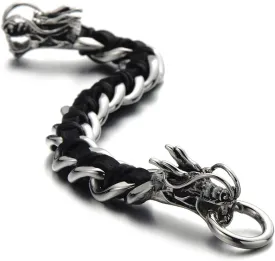 COOLSTEELANDBEYOND Stainless Steel Mens Dragon Curb Chain Bracelet Interwoven with Genuine Leather Strap