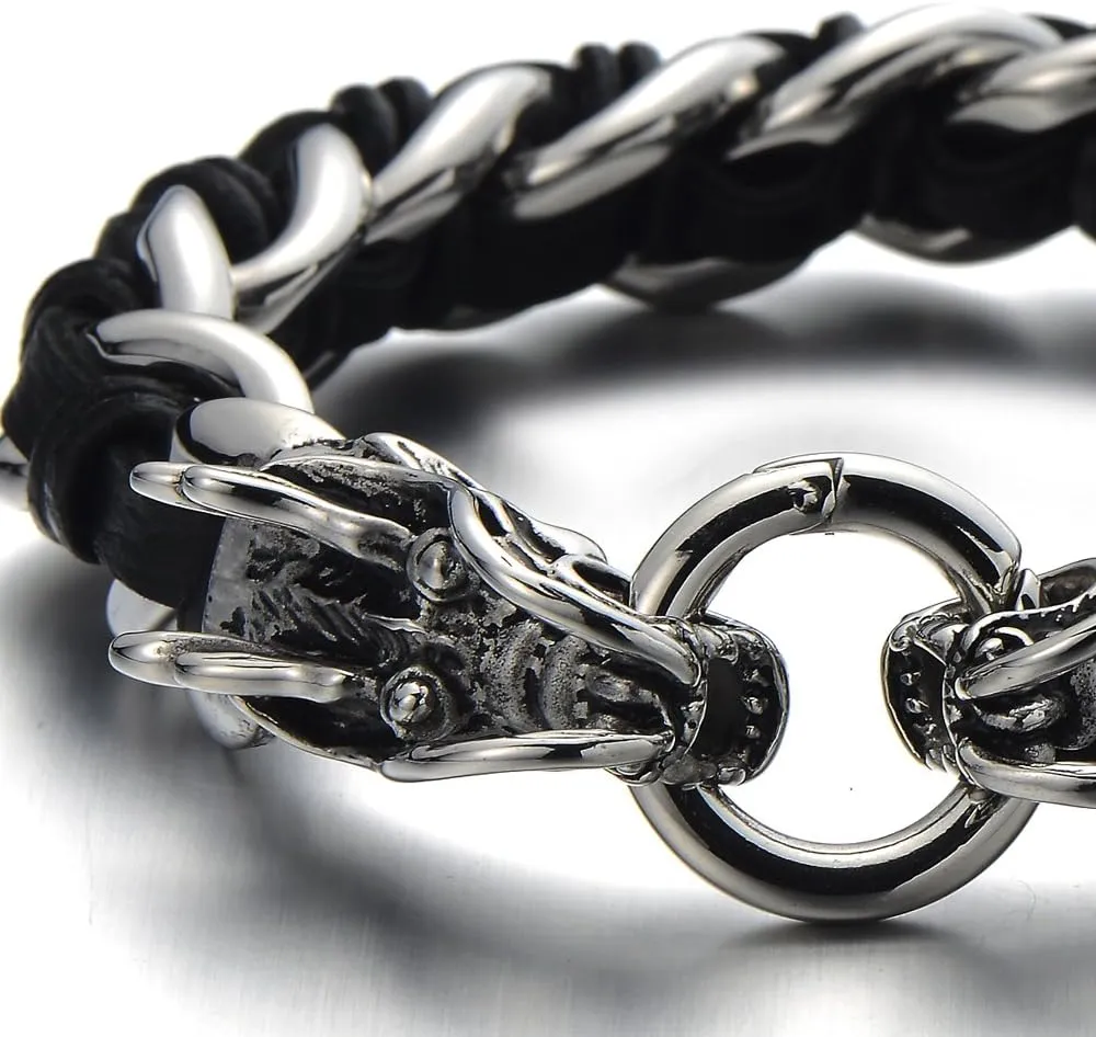 COOLSTEELANDBEYOND Stainless Steel Mens Dragon Curb Chain Bracelet Interwoven with Genuine Leather Strap