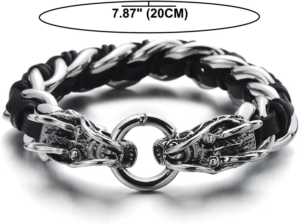 COOLSTEELANDBEYOND Stainless Steel Mens Dragon Curb Chain Bracelet Interwoven with Genuine Leather Strap
