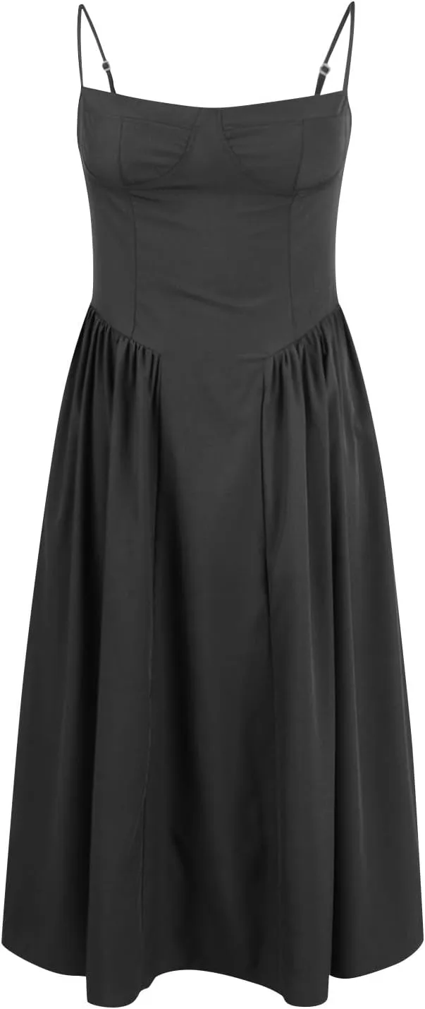 Corset Dress for Women Formal Elegant Spaghetti Strap Bustier Dress Floral Pleated Hem Cocktail Dress with Pockets