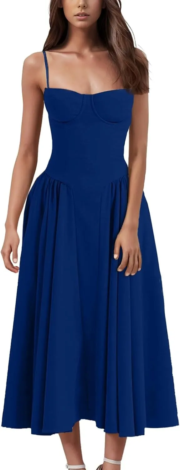 Corset Dress for Women Formal Elegant Spaghetti Strap Bustier Dress Floral Pleated Hem Cocktail Dress with Pockets