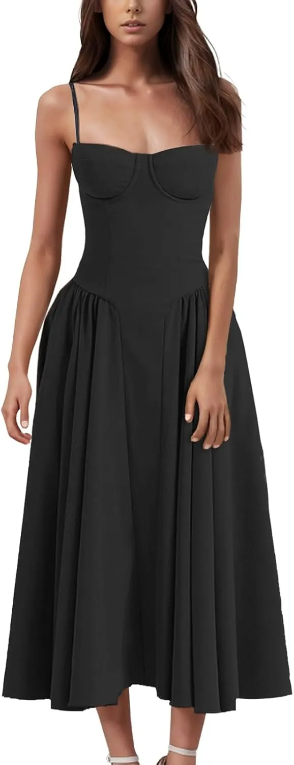 Corset Dress for Women Formal Elegant Spaghetti Strap Bustier Dress Floral Pleated Hem Cocktail Dress with Pockets