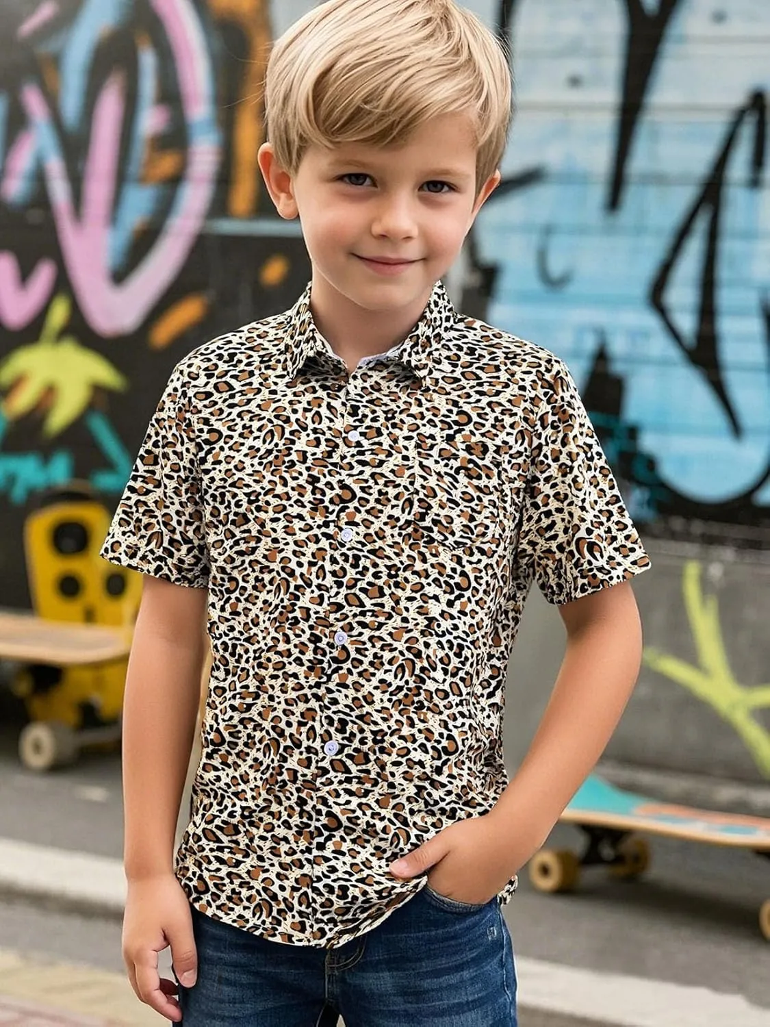 COSLAND Boys' Animal Print Hawaiian Shirt Kids' Novelty Button Down Shirt, X-Small-Large