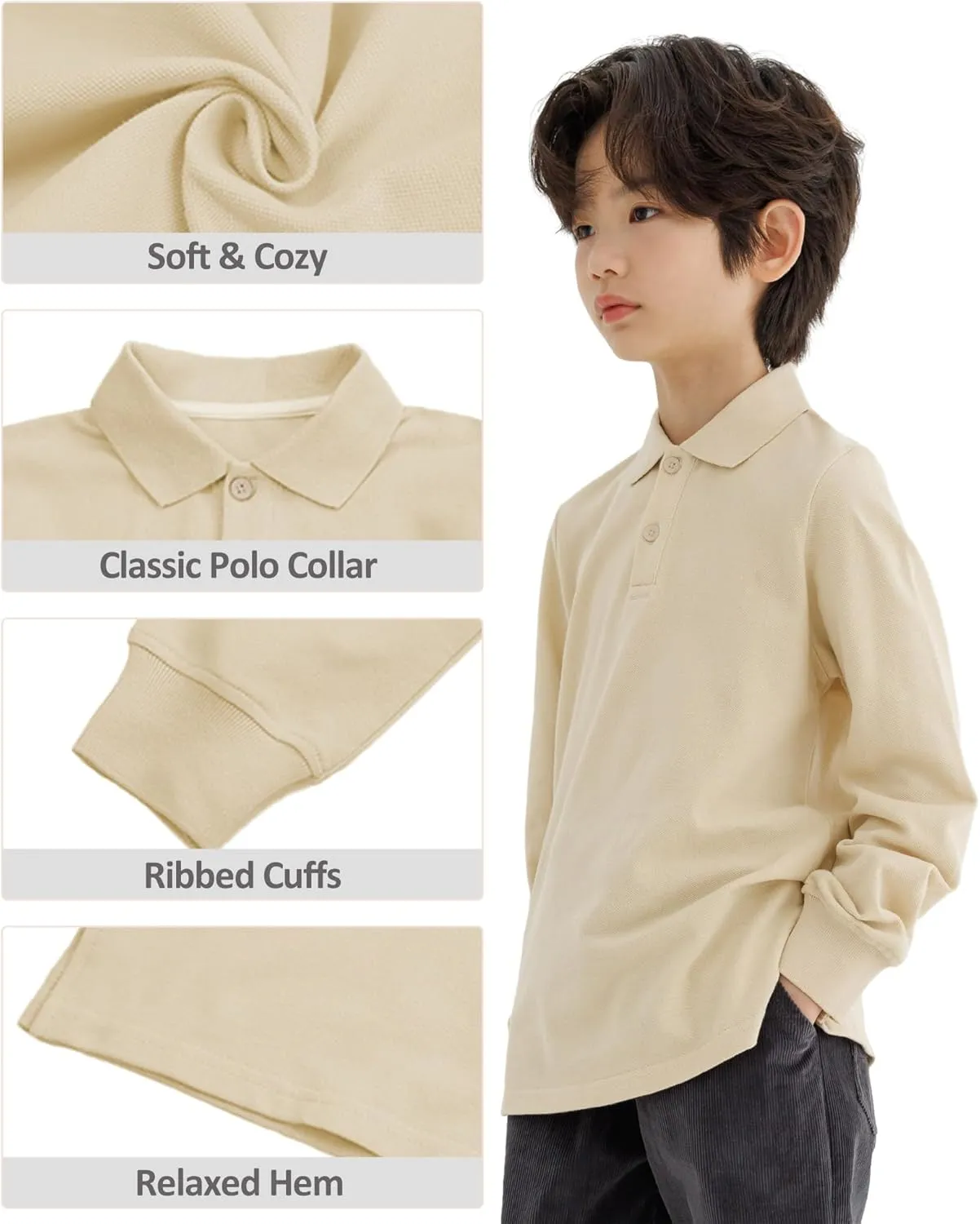 CUNYI Boys Polo Shirt Long Sleeve Cotton School Uniform Shirt Pique Tee Kids Golf Tops