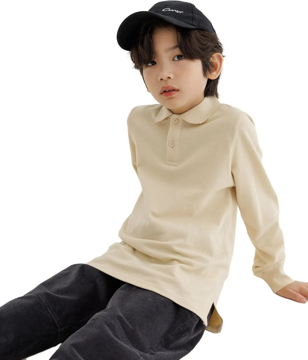 CUNYI Boys Polo Shirt Long Sleeve Cotton School Uniform Shirt Pique Tee Kids Golf Tops