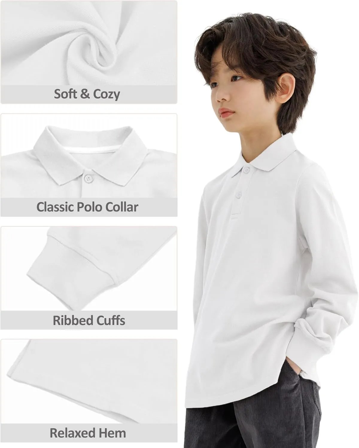 CUNYI Boys Polo Shirt Long Sleeve Cotton School Uniform Shirt Pique Tee Kids Golf Tops