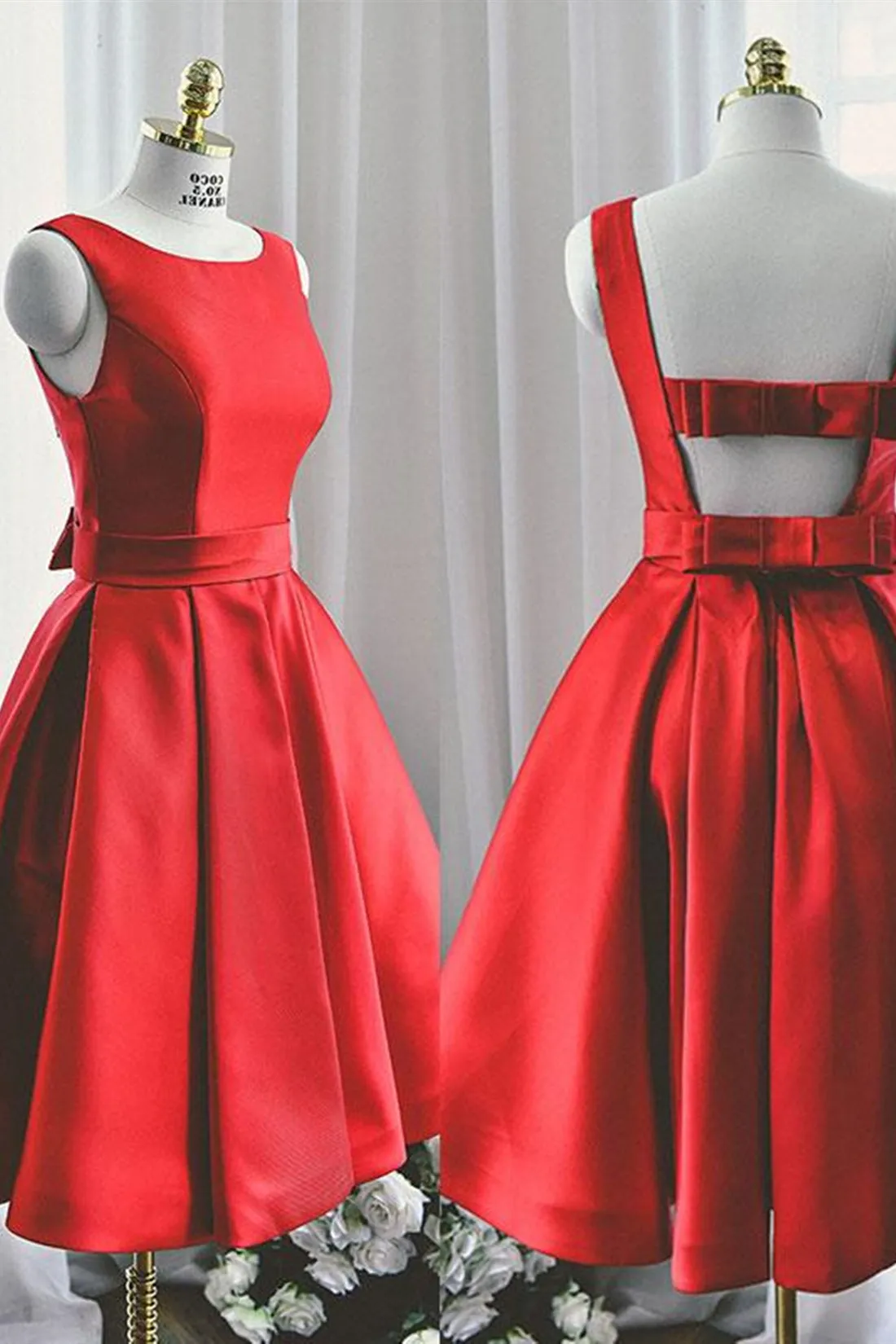 Cute Open Back Knee Length Red Prom Dress, Knee Length Red Homecoming Dress, Short Red Formal Evening Dress