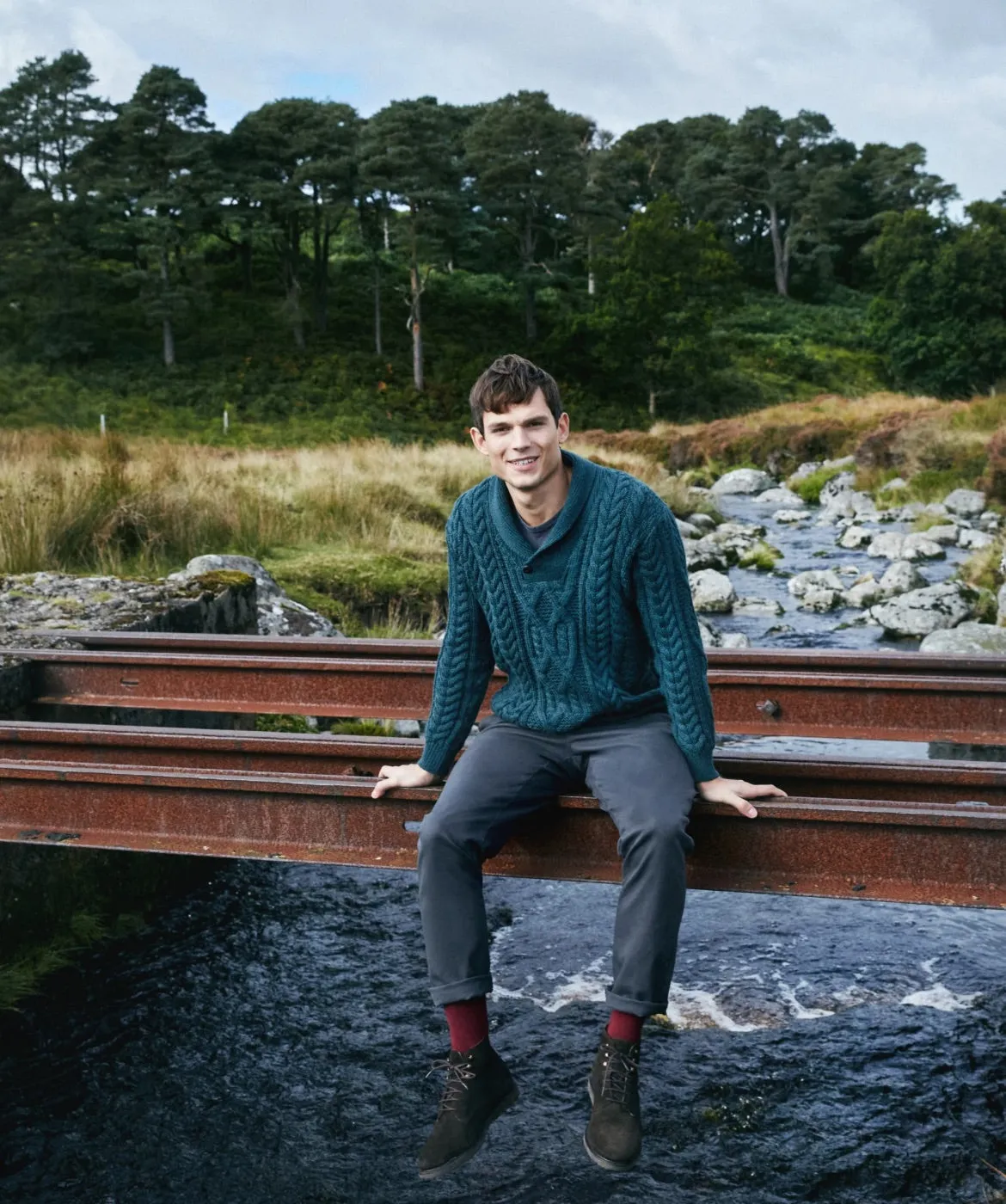 Dair Aran Shawl Collar Sweater Evergreen