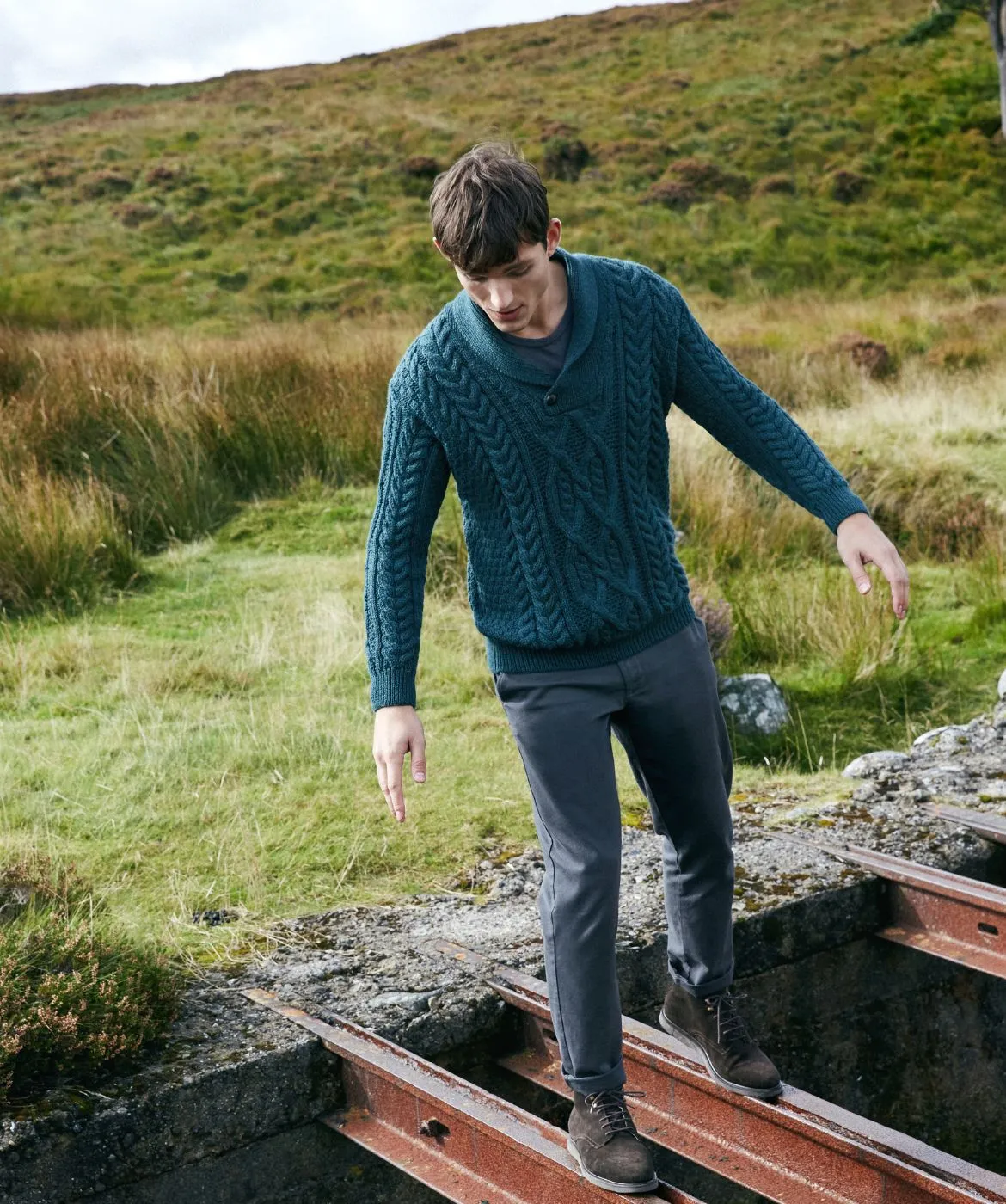 Dair Aran Shawl Collar Sweater Evergreen