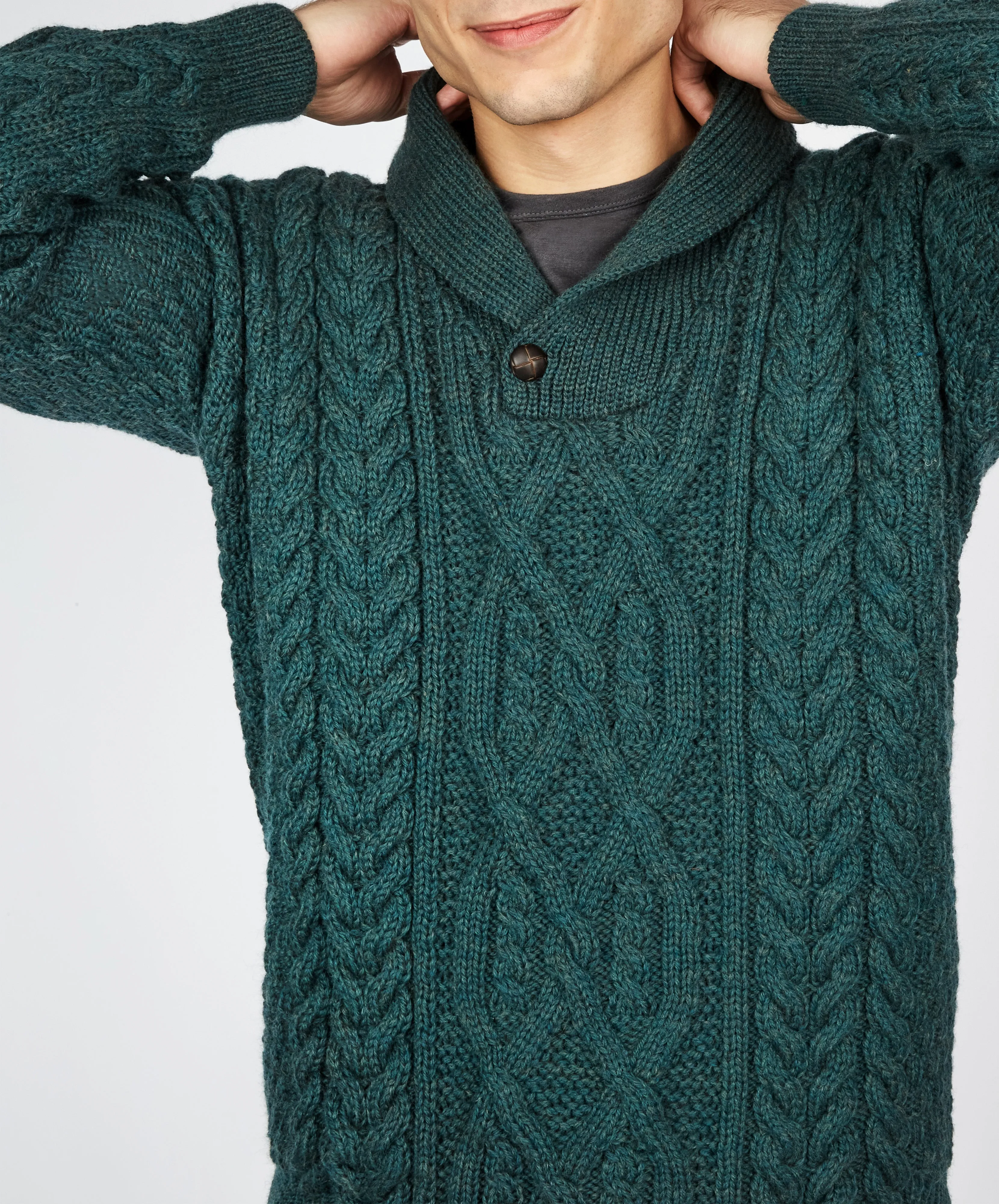 Dair Aran Shawl Collar Sweater Evergreen