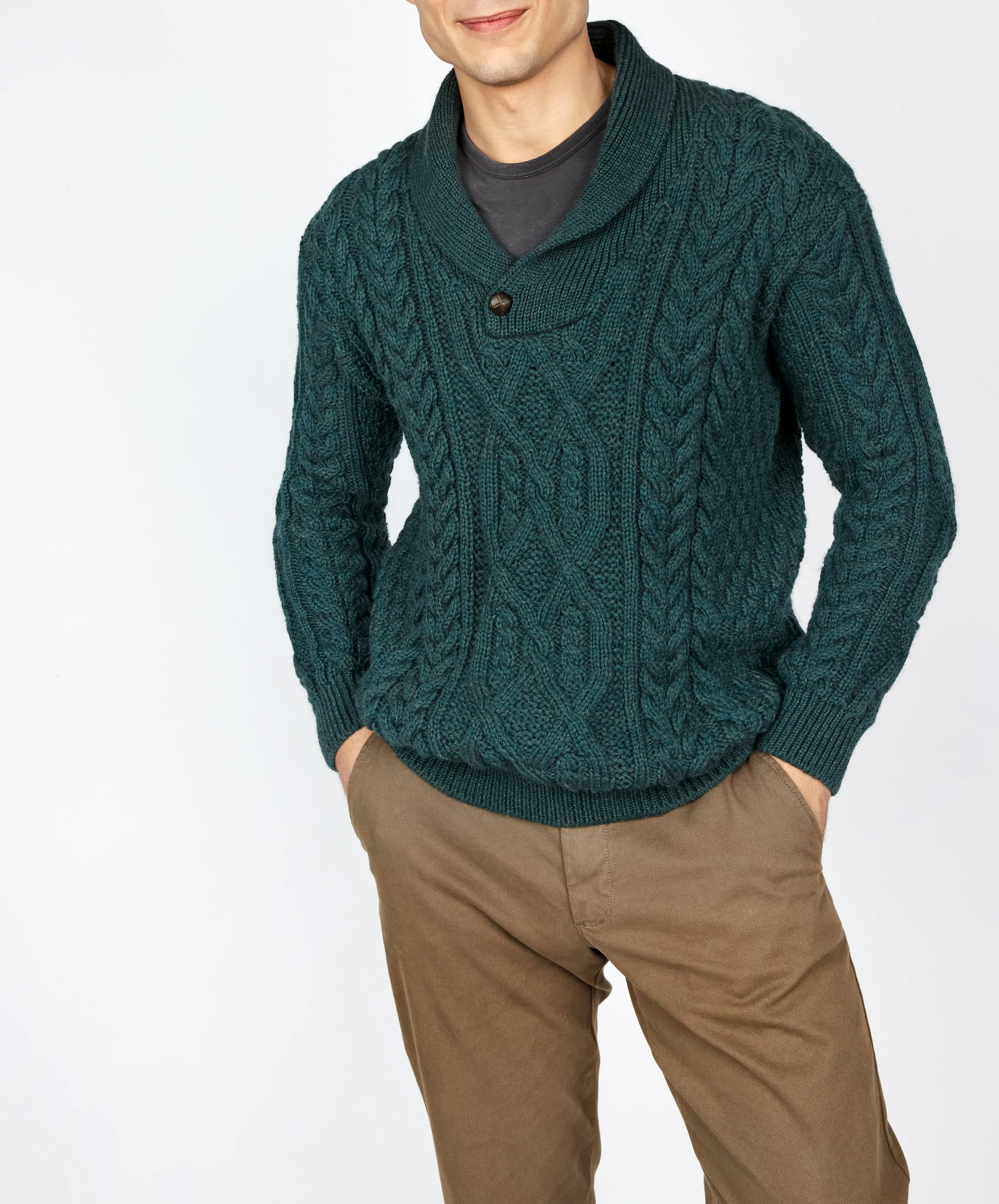 Dair Aran Shawl Collar Sweater Evergreen