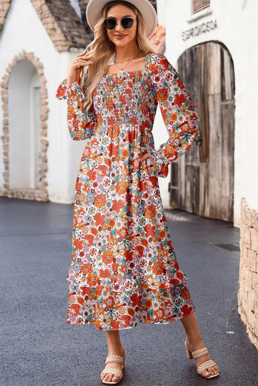 Dokotoo Spring Dresses for Women Casual Floral Square Neck Long Sleeve Smocked Elastic Waist Tiered Ruffle Hem Maxi Dress