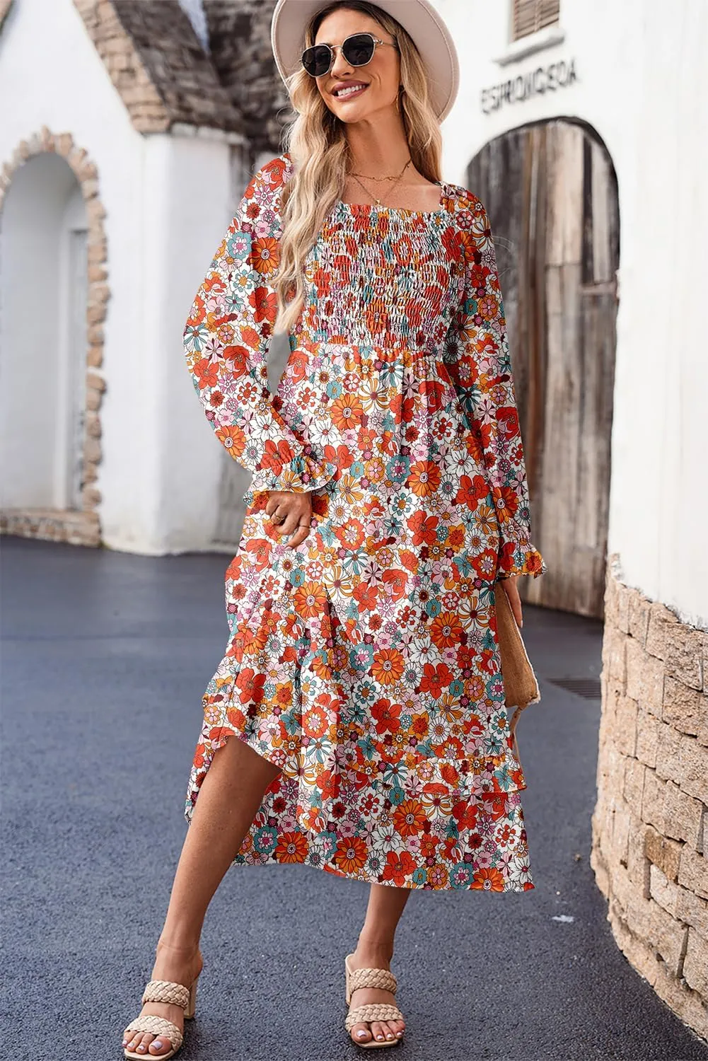 Dokotoo Spring Dresses for Women Casual Floral Square Neck Long Sleeve Smocked Elastic Waist Tiered Ruffle Hem Maxi Dress