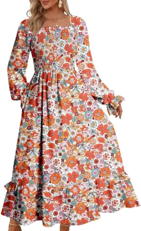 Dokotoo Spring Dresses for Women Casual Floral Square Neck Long Sleeve Smocked Elastic Waist Tiered Ruffle Hem Maxi Dress