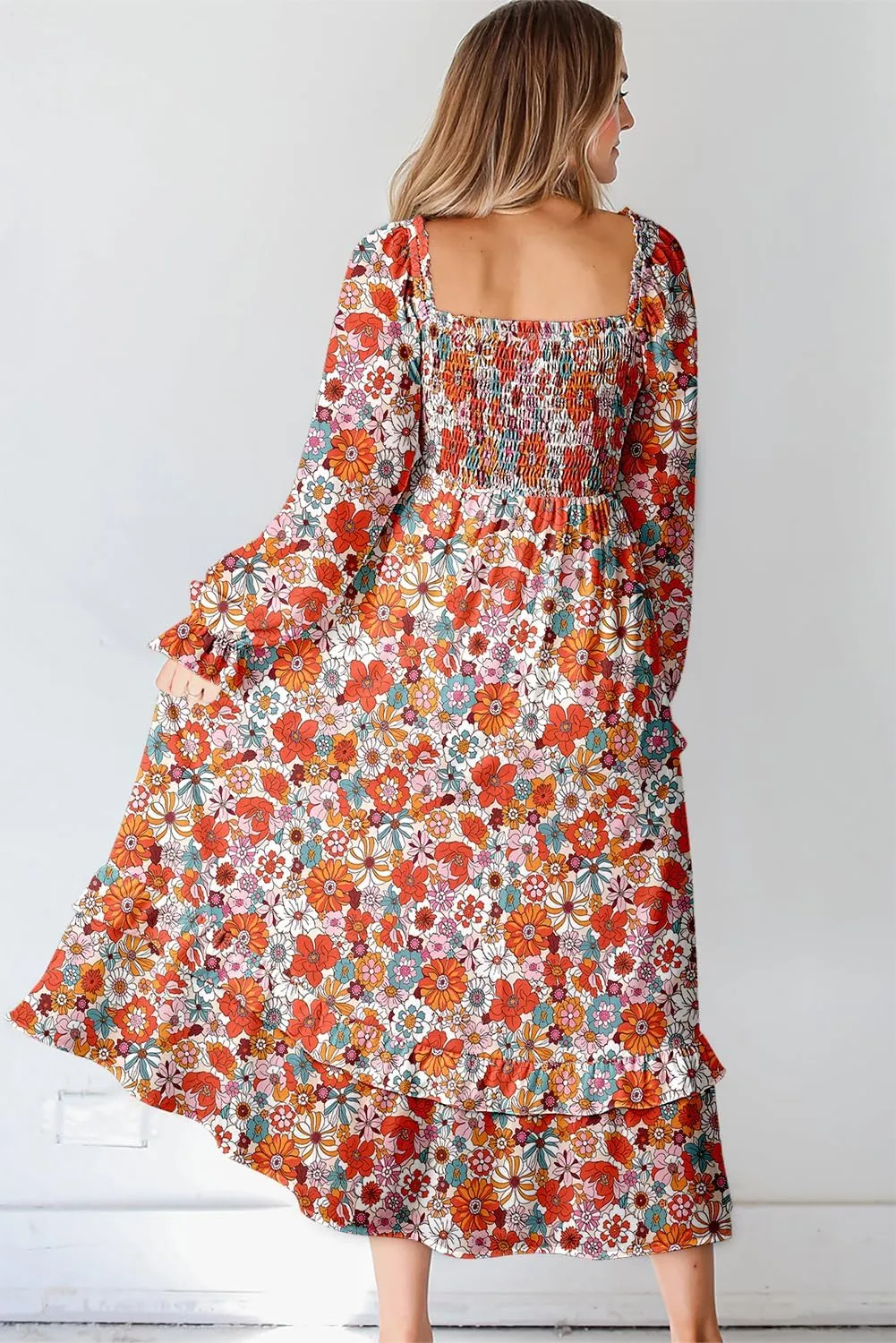 Dokotoo Spring Dresses for Women Casual Floral Square Neck Long Sleeve Smocked Elastic Waist Tiered Ruffle Hem Maxi Dress