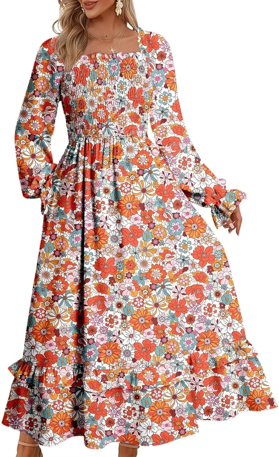 Dokotoo Spring Dresses for Women Casual Floral Square Neck Long Sleeve Smocked Elastic Waist Tiered Ruffle Hem Maxi Dress