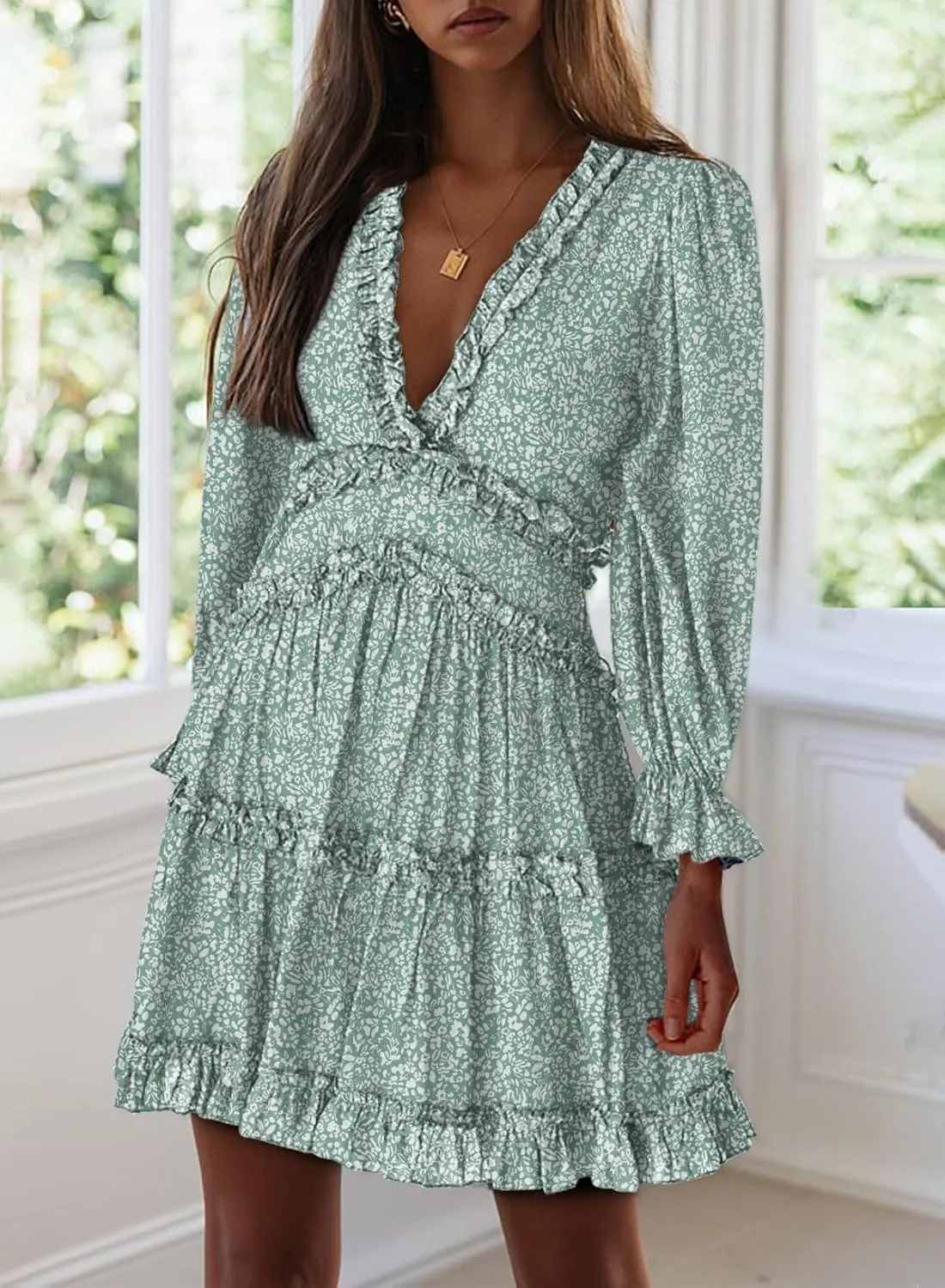 Dokotoo Womens 2025 Spring Summer Deep V Neck Long Sleeve Backless Ruffle Floral Flowy Mini Dress