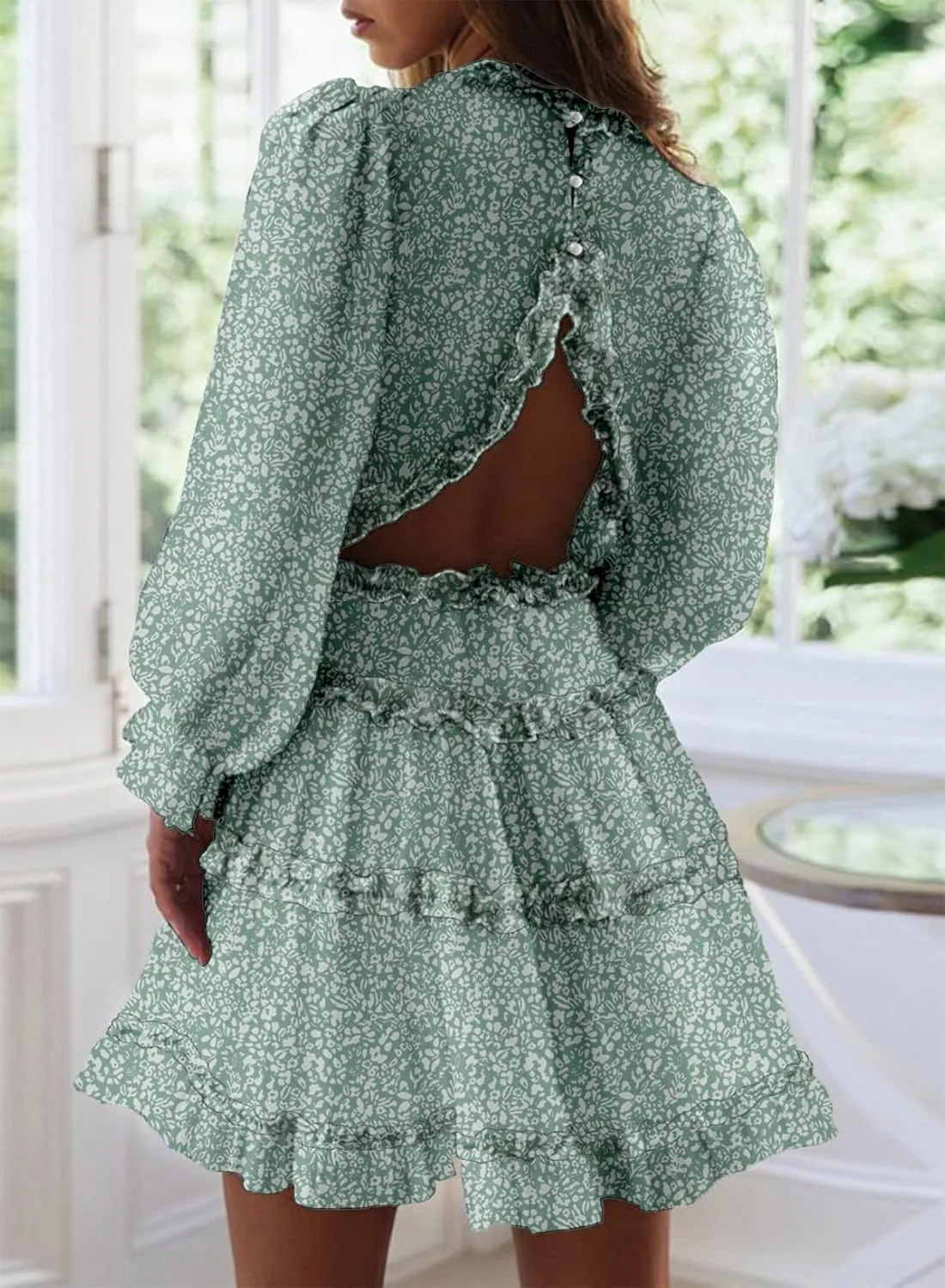 Dokotoo Womens 2025 Spring Summer Deep V Neck Long Sleeve Backless Ruffle Floral Flowy Mini Dress