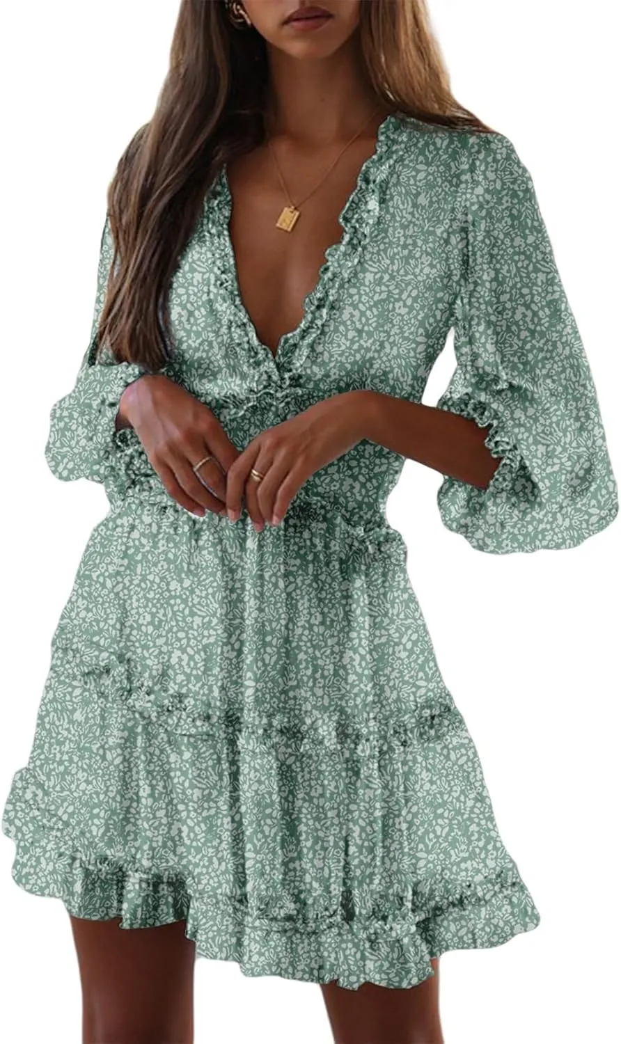 Dokotoo Womens 2025 Spring Summer Deep V Neck Long Sleeve Backless Ruffle Floral Flowy Mini Dress