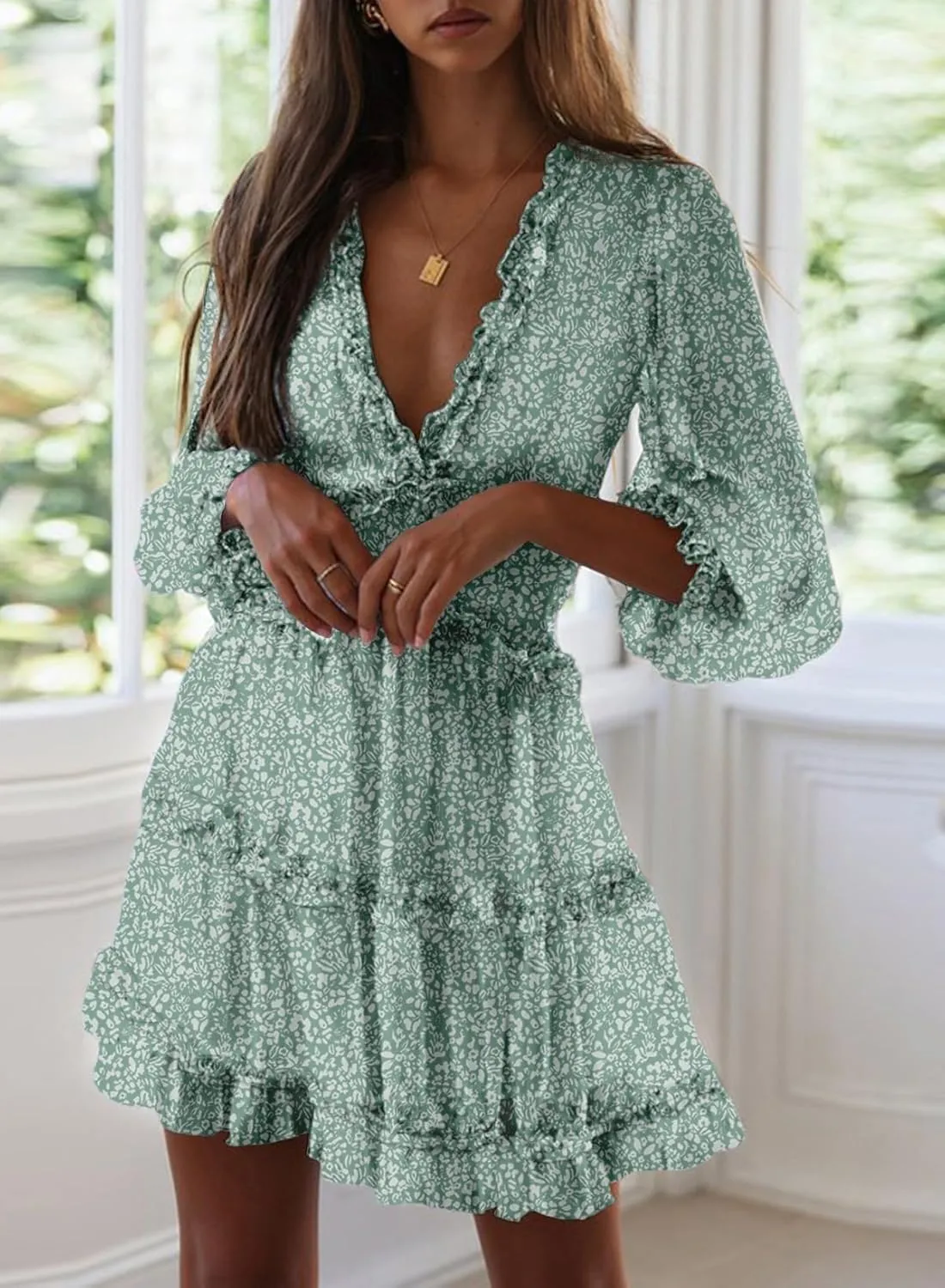 Dokotoo Womens 2025 Spring Summer Deep V Neck Long Sleeve Backless Ruffle Floral Flowy Mini Dress