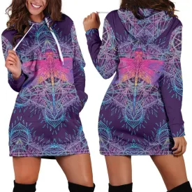 Dragonfly Mandala Hoodie Dress | Longline Hoodie Sweatshirt XS Purple